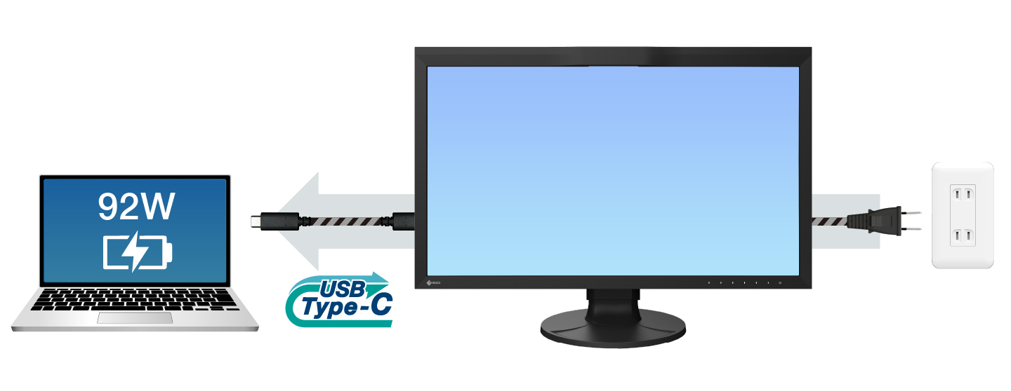 An illustration showing a USB-C cable running from an EIZO ColorEdge CG2700S monitor to a laptop to demonstrate the power delivery capabilities of the monitor.