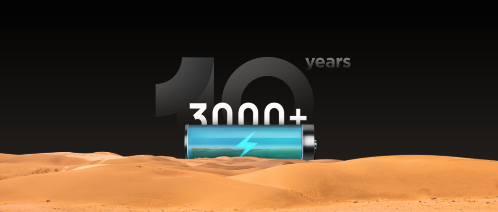 An illustration showing a battery with a lighting bolt over sand dunes over a black background, and text showing 10 years and 3000+ charges.
