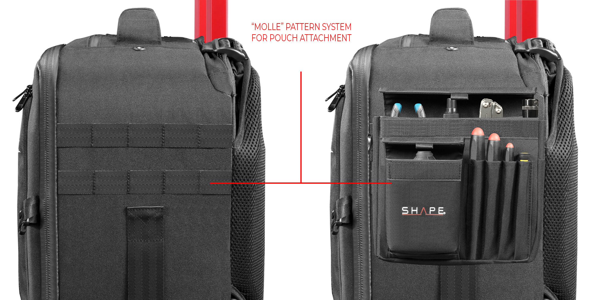 SHAPE Pro Video Camera Backpack product image highlighting the molle pattern system for pouch attachment.