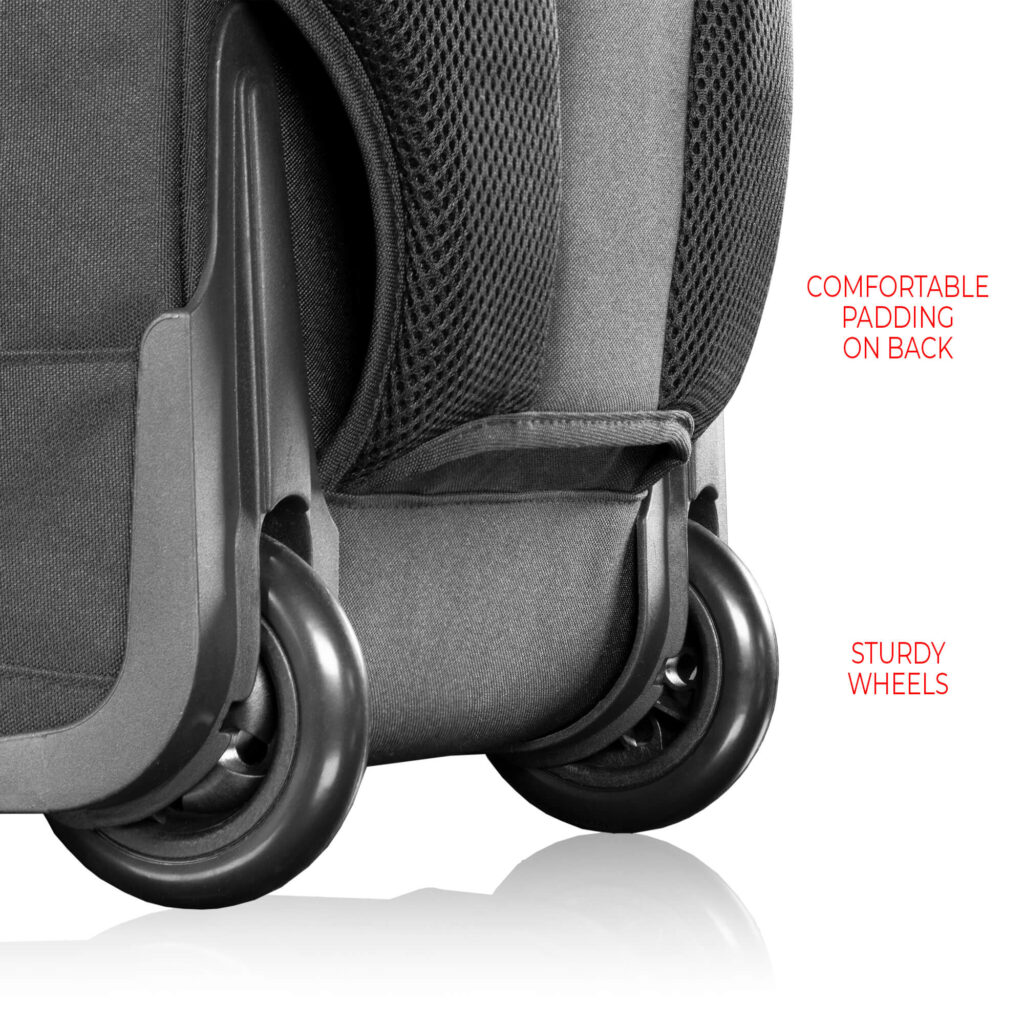 SHAPE Pro Video Camera Backpack product image showing the sturdy wheels.