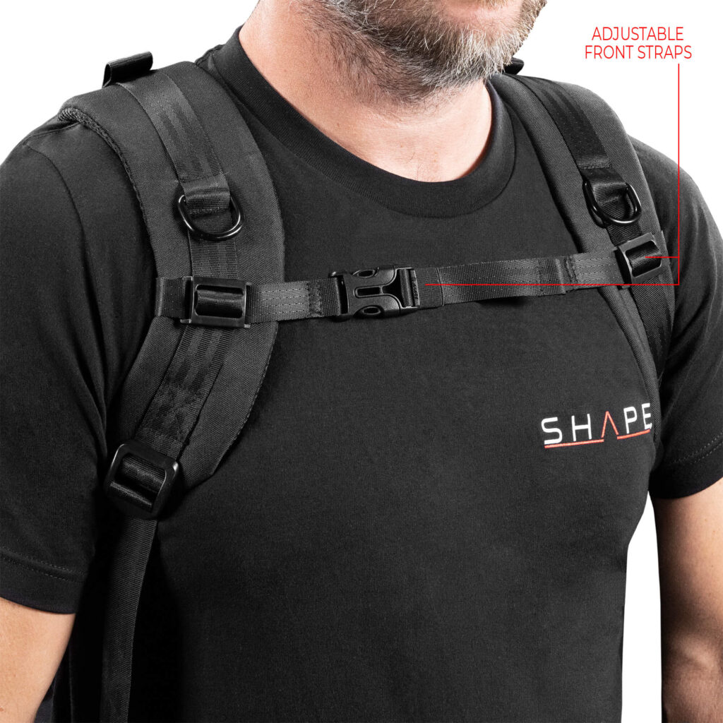 SHAPE Pro Video Camera Backpack product image showing the adjustable front straps.